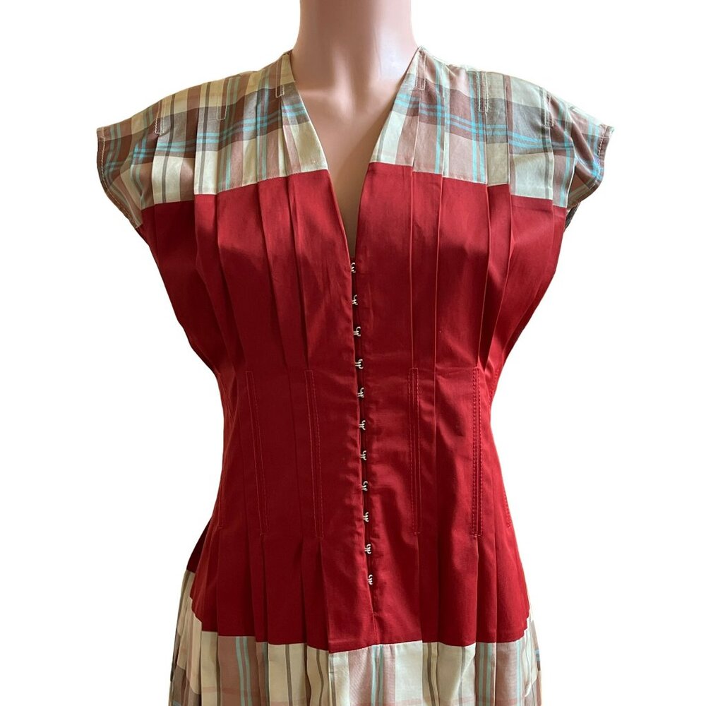 T-178. Tory Burch Madras Plaid Silk Clear Dress McCardell Madras Plaid Red US 4 - Picture 9 of 11